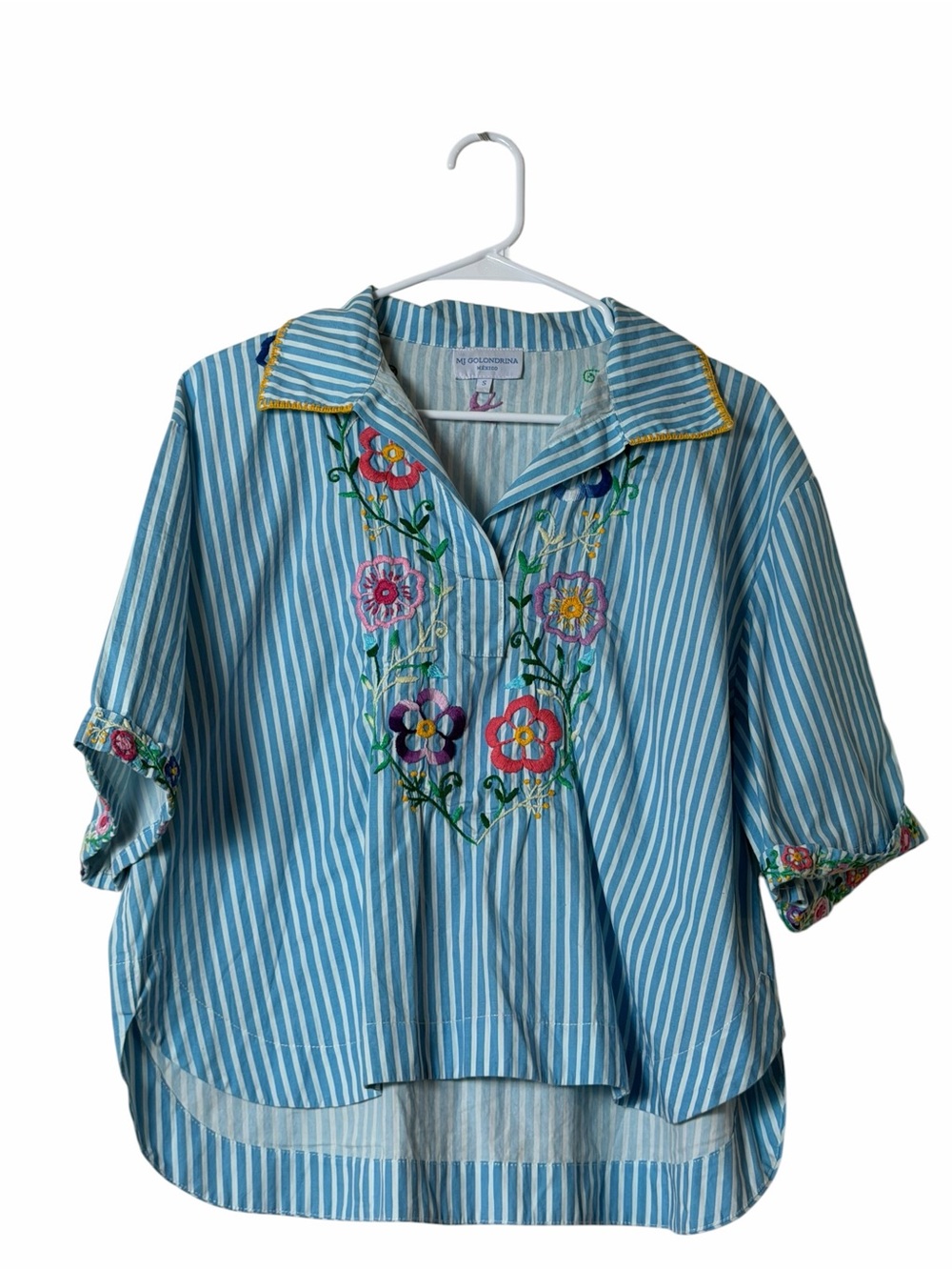 Mi Golondrina Blue White Stripe Embroidered Floral Tunic Top Small Boho - Picture 3 of 6